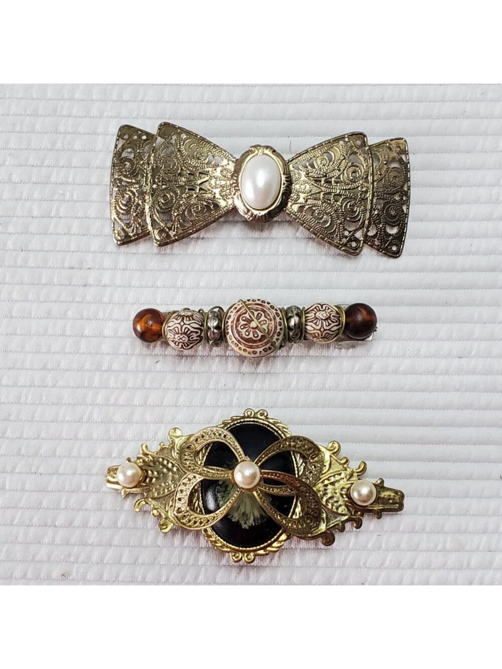 3 Vintage Hair Barrettes Bows Clips Metal Accessories 80s 90s Filigree Boho
